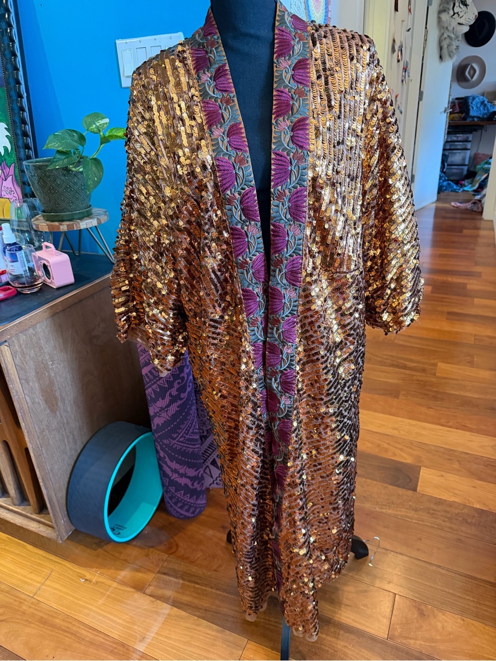 Free People Bronze Sequin Kimono with Embroidered Trim